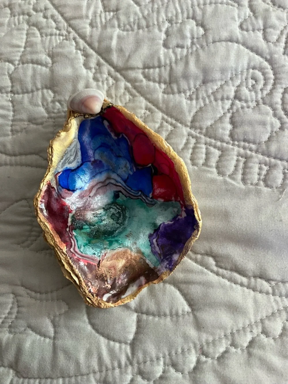 Hand-Painted Colorful Oyster Shell Dish with Gold Rim